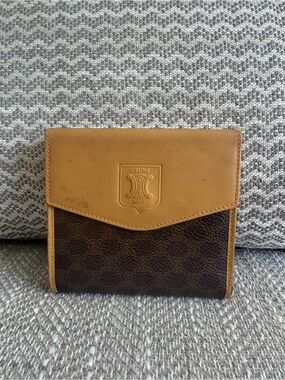 Vintage Celine Macadam Canvas & Tan Leather Bifold Wallet Coin Purse